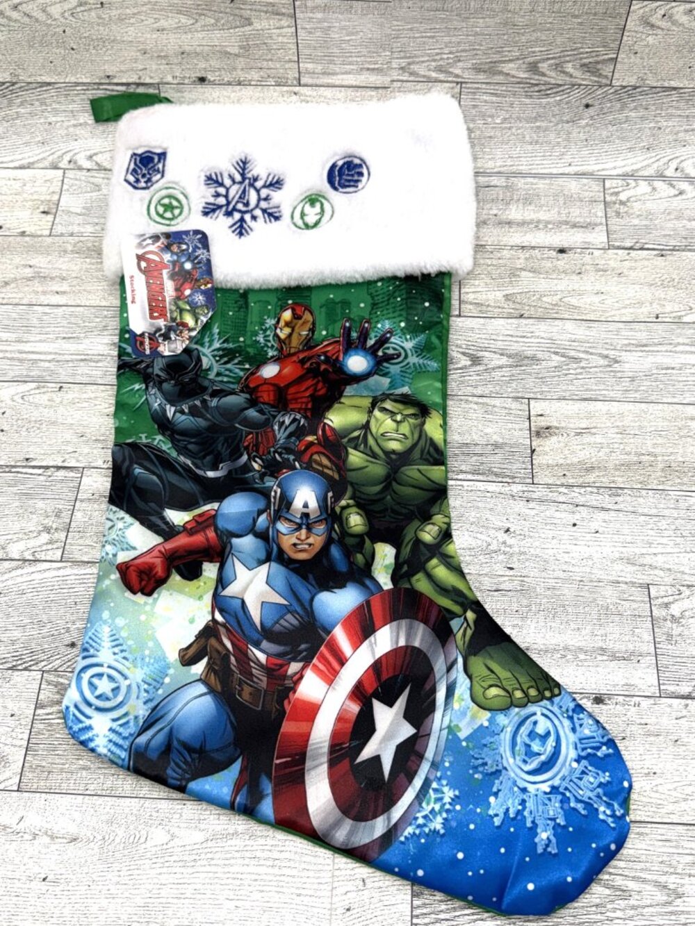 NWT 2018 Marvel Avengers Blue, Green, & White Satin Christmas Stocking